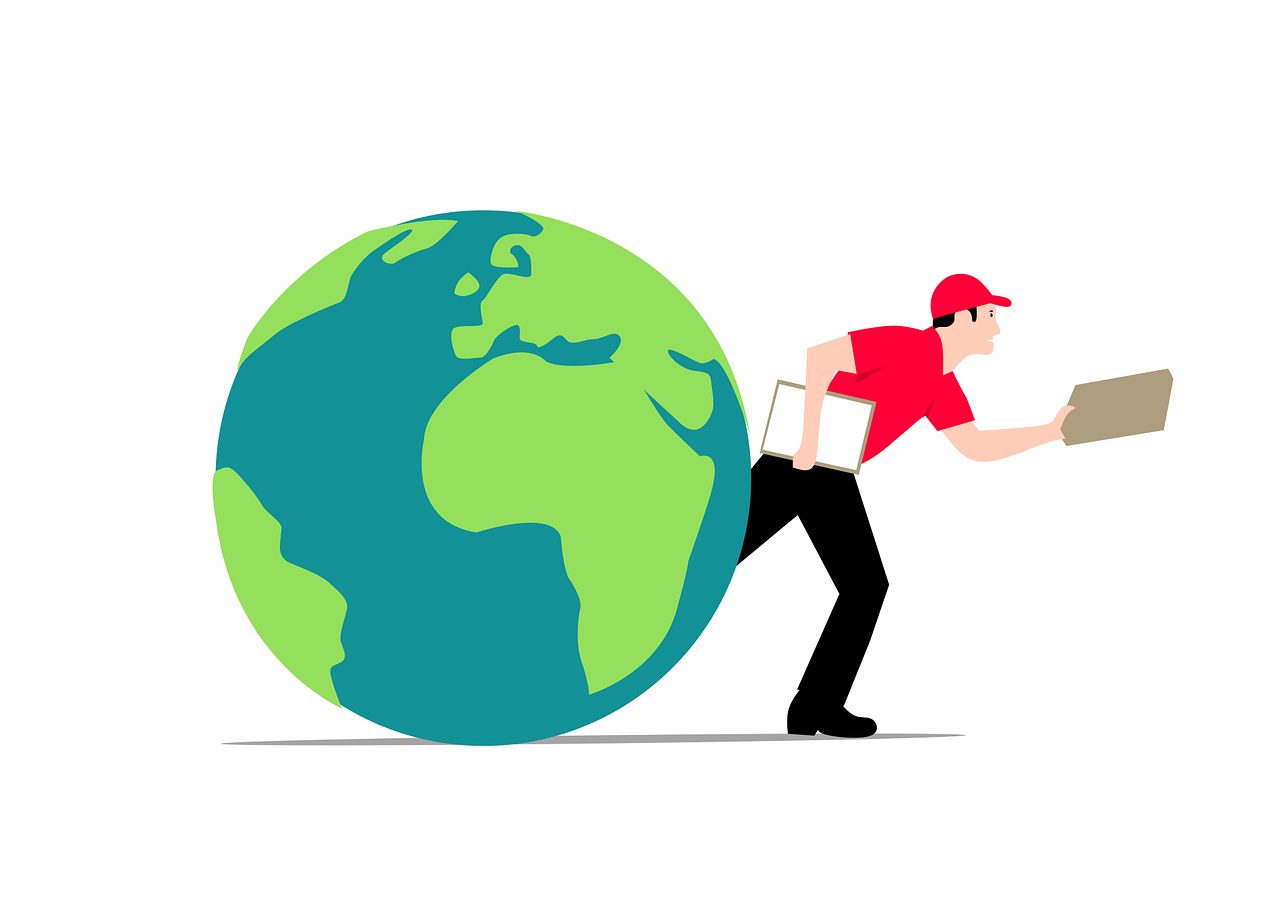 A man holding a package sticking out from behind Earth